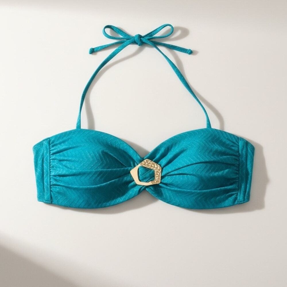 Trina Turk Teal SwimSuit Top w/ Gold Hardware & Silver Lurex NWT Sz 14